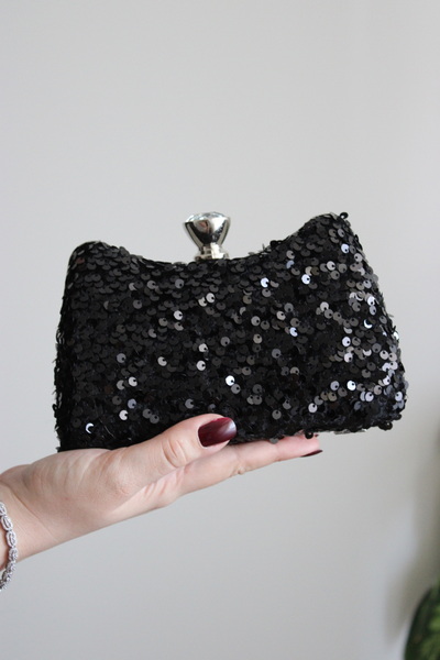 mossi Black Sequined Clutch Evening Dress Bag with Armrest Strap and Chain Strap