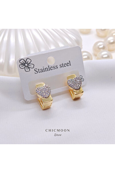 CHICMOON STORE Çelik Altın Rengi Gümüş Zirkon Taşlı Kalp Küpe
