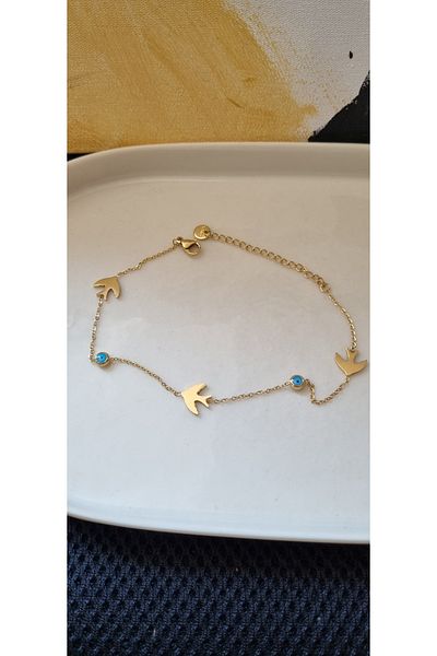 AKSESUARIM Water-Resistant, Non-Staining Steel Anklet with Bird and Evil Eye Bead Details