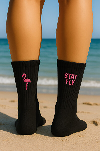AYDK Șosete din bumbac cu broderie de flamingo pe spate, vară, iarnă, negru, ...