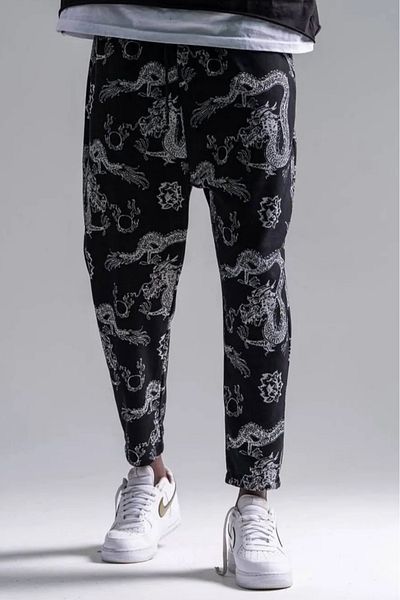 Superbluemexico Men's Patterned Elastic Smoked Baguette Trousers