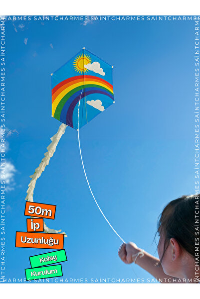 Saint Charmes Gökkuşağı Bulut Güneş Desenli Uçurtma 50 Metre Ipli Kolay Kurulumlu Çocuk Oyuncağı