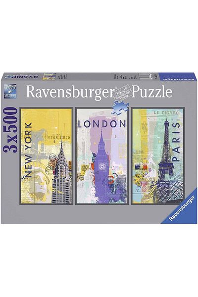 RAVENSBURGER 3 قطع من ألغاز المدن العالمية مكونة من 500 قطعة، ألغاز باريس وليندز ونيويورك