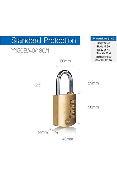Yale 40 mm Brass Combination Padlock 4 Combination Hanging Cabinet Lock Y150B-40-130-1