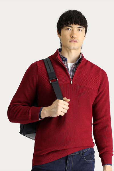 Kiğılı Bato Yaka Regular Fit Fermuarlı Pamuklu Triko Kazak