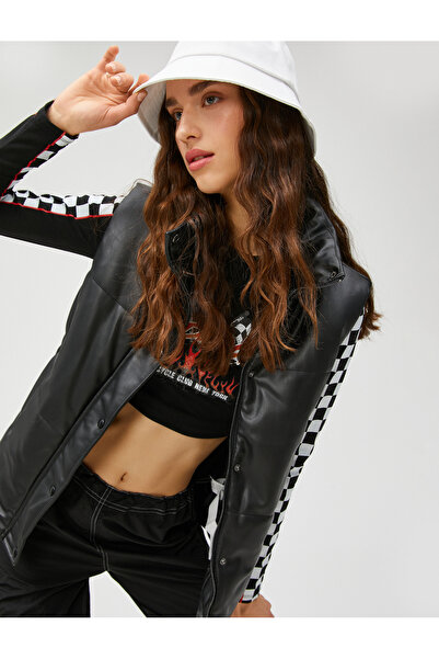 Koton Şişme Yelek Deri Görünümlü Dik Yaka Çıtçıt Kapama