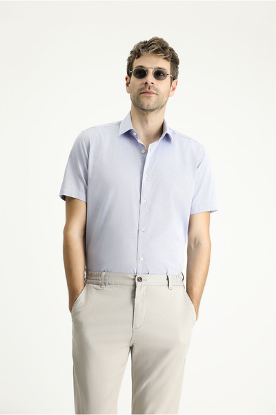 Kiğılı Kısa Kol Slim Fit Dar Kesim Desenli Pamuk Gömlek