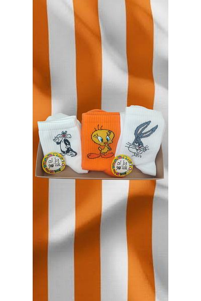 AL Bİ 90LIK 3 Pack Bugs Bunny, Sylvester and Tweety Patterned College Set Socks