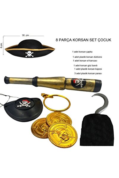partidolu Çocuk Keçe Kumaş Şapkalı Korsan Kostüm Tamamlayıcı Set 8 Parça Hall...