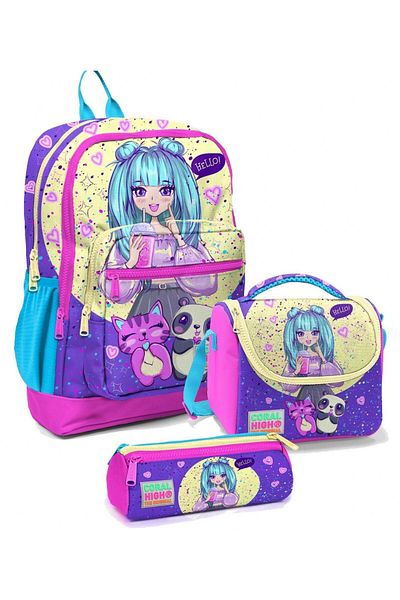Coral High Primary School Bag Set Purple Pink Anime - Girl