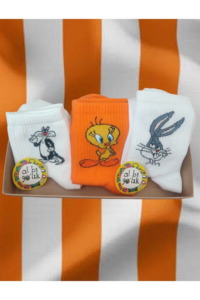 AL Bİ 90LIK 3 Pack Bugs Bunny, Sylvester and Tweety Patterned College Set Socks