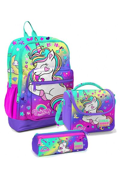 Coral High Water Green Lavender Unicorn Primary School Bag Set for Girl