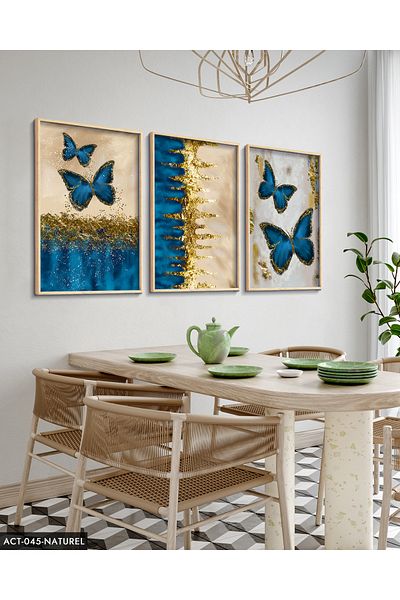 Evinemoda Blue Butterfly Gold Glittering 3 Piece Wooden Framed Painting Act