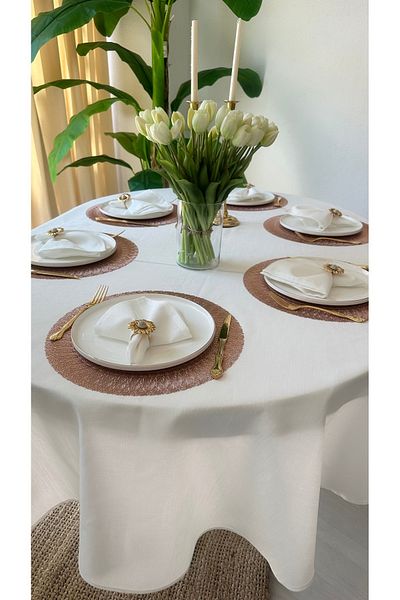 Decamor home Linen Textured Glitter White Oval Table Cloth