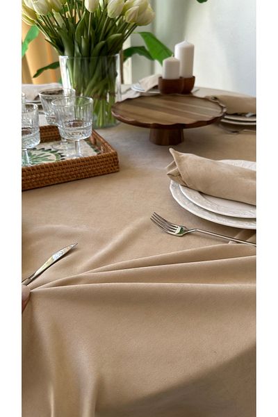Decamor home Velvet Textured Worry-Free Beige Oval Tablecloth