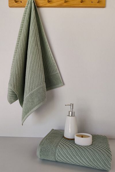 Sevim Soft 100% Cotton Hand Towel 50X90 cm - Set of 2 Geometric Towels - Green