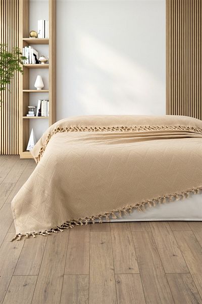 Sevim 100% Cotton Double Binding Fringed Pike-220X240 Cm-Cappuccino