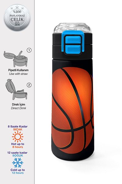 Coral High Kids Black Basketball Patterned Steel Thermos with Straw and Direct Drinking 500 ml 31795