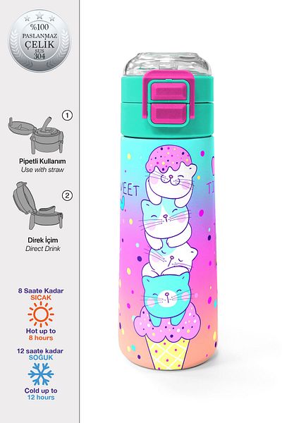 Coral High Kidscolorful Ice Cream Cat Patterned Steel Thermos with Straw and Direct Drinking 500 ml 31812