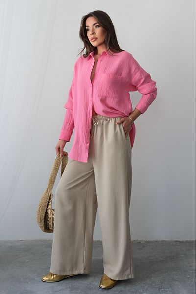 Hatun Atila Summer Relaxed Cut High Waist Rope Lace up Wide Leg Loose Palazzo Trousers - Beige
