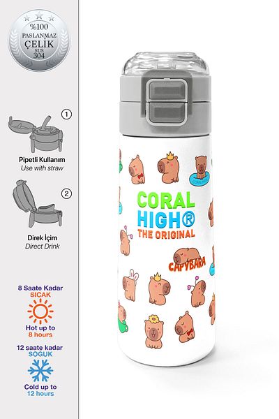 Coral High Kids Capybara Patterned Steel Thermos with Straw and Direct Drinking 500 ml 31794