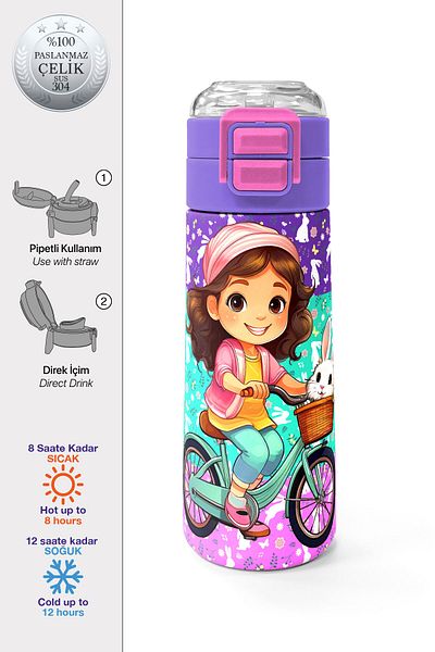 Coral High Kids Purple Pink Bicycle Girl Patterned Straw and Direct Drinking Steel Thermos 500 ml 31797