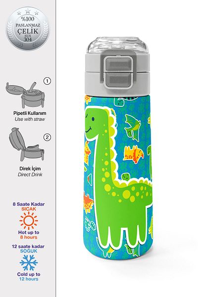 Coral High Kids Blue Green Dinosaur Patterned Straw and Direct Drinking Steel Thermos 500 ml 31798