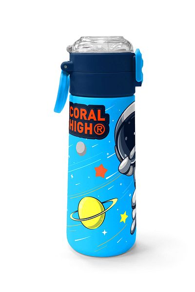 Coral High Kids Navy Blue Astronaut Patterned Steel Thermos with Straw and Direct Drinking 500 ml 31804