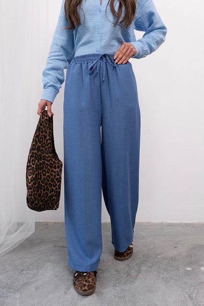 Hatun Atila Summer Relaxed Fit High Waist Rope Lace-Up Wide Leg Loose Trousers - Blue