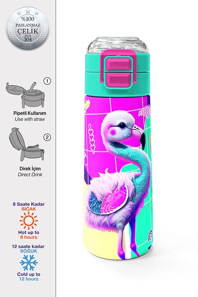 Coral High Kids Pink Water Green Flamingo Patterned Steel Thermos with Straw and Direct Drinking 500 ml 31811