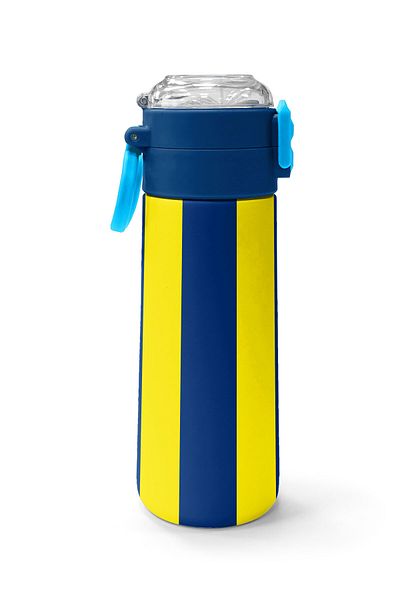 Coral High Kids Yellow Navy Blue Barred Straw and Direct Drinking Steel Thermos 500 ml 31791
