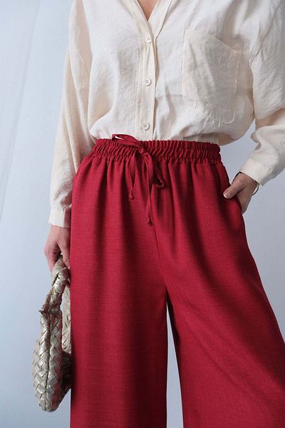Hatun Atila Summer Relaxed Cut High Waist Rope Lace-Up Wide Leg Loose Palazzo Trousers - Red