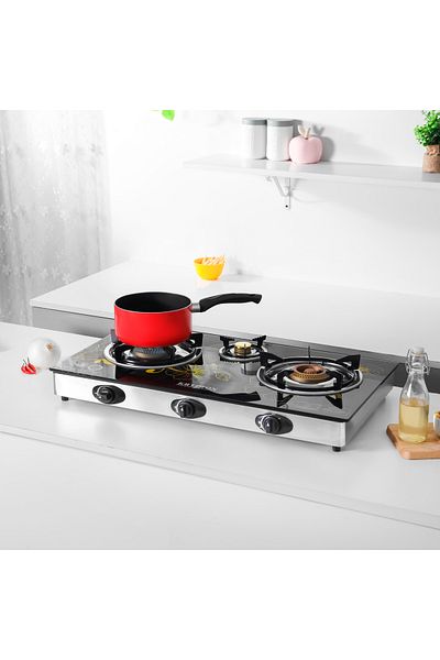 KRYPTON Modern 3 Burner Gas Stove – Tempered Glass, Auto Ignition, Brass Burners, Spill-proof
