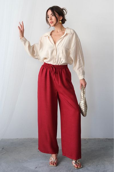Hatun Atila Summer Relaxed Cut High Waist Rope Lace-Up Wide Leg Loose Palazzo Trousers - Red