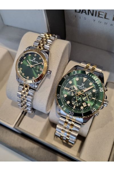 Daniel Klein Green Dial Dear Yellow Steel Bracelet Wrist Watch - Set of 2