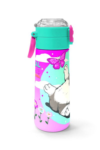 Coral High Kids Water Green Pink Cat Patterned Steel Thermos with Straw and Direct Drinking 500 ml 31796