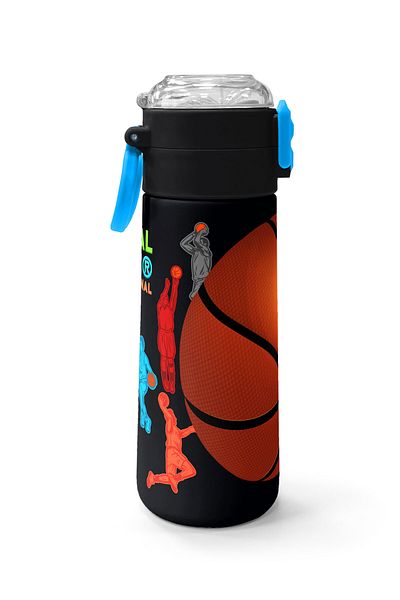 Coral High Kids Black Basketball Patterned Steel Thermos with Straw and Direct Drinking 500 ml 31795