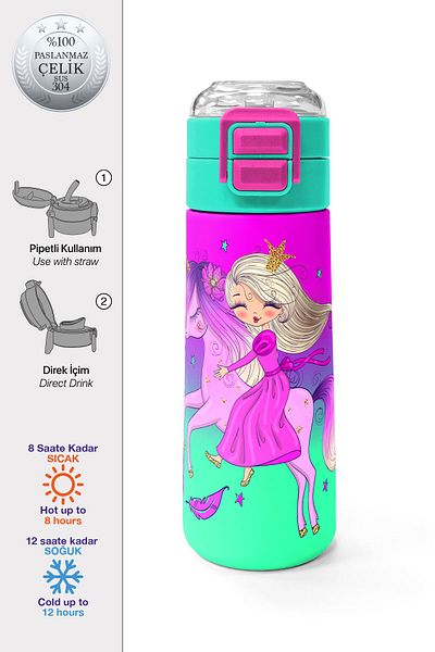Coral High Kids Pink Purple Unicorn Princess Patterned Straw and Direct Drinking Steel Thermos 500 ml 31802