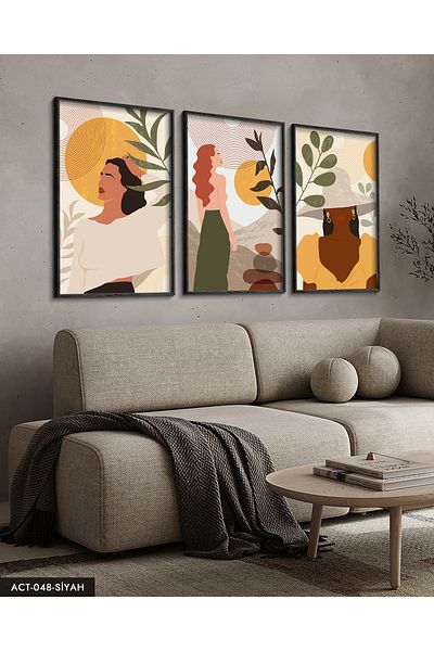 Evinemoda Portret de femeie artistică în stil boho 3 piese Pictură neagră cu rame din lemn ACT