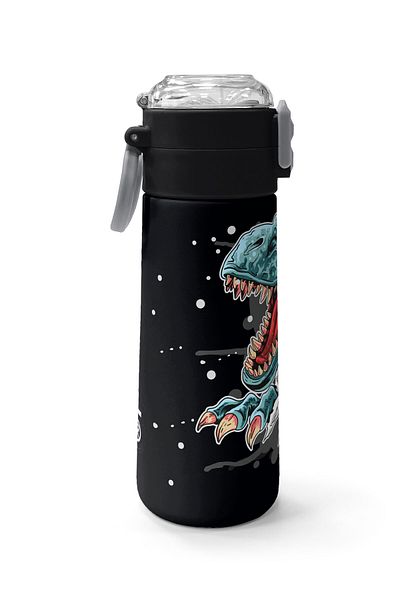 Coral High Kids Dark Gray Black Dinosaur Patterned Steel Thermos with Straw and Direct Drinking 500 ml 31822