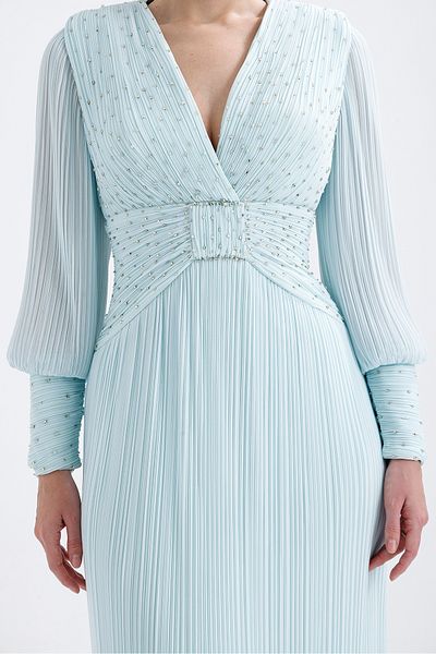 Atelier Pret V-neck Jewelled Embroidered Pleated Chiffon Evening Dress