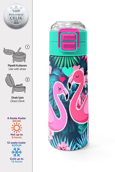 Coral High Kids Neon Coral Water Green Flamingo Patterned Steel Thermos with Straw and Direct Drinking 500 ml 31819