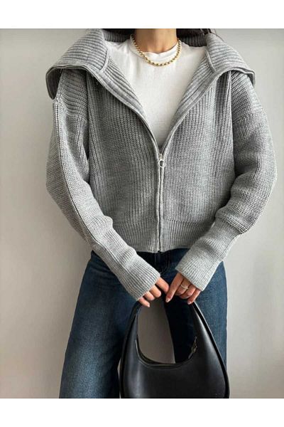 moda nistan Devri̇k Collar Zippered Knitwear Cardigan