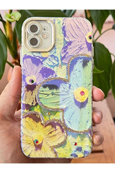 Fibaks İphone 11 Kılıf Renk Değiştiren Taşlı Kamera Lens Korumalı Mavi Çiçek Desenli Darbe Emici Kapak