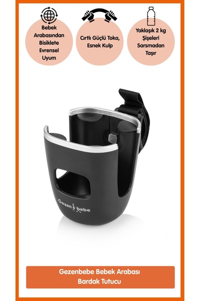 Gezenbebe Bebek Arabası & Bisiklet Bardak Biberon Şişe Tutucu – Cırtlı Toka & Esnek Kulp ile Evrensel Uyumlu