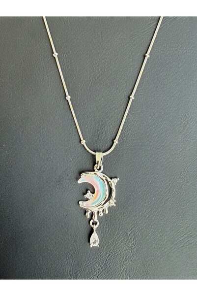 TWOGAN قلادة هولوجرام نسائية من الفولاذ على شكل قمر، حجر زركون، لون فضي مصبوب