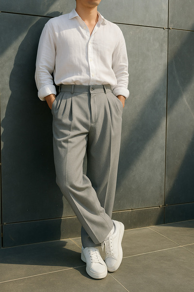 Tutals Men's Gray Color Pleated Lycra Comfortable Fit Baggy Fabric Trousers