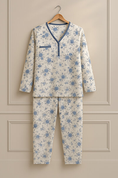 nacar çarşı Kadın Anne Uzun Kollu Mavi Çiçek Desenli Penye Pijama Takımı