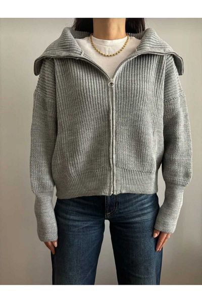 moda nistan Devri̇k Collar Zippered Knitwear Cardigan