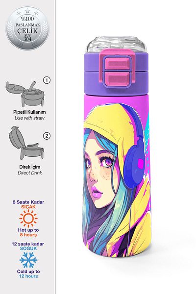 Coral High Kids Lavender Turquoise Eared Girl Patterned Straw and Direct Drinking Steel Thermos 500 ml 31835